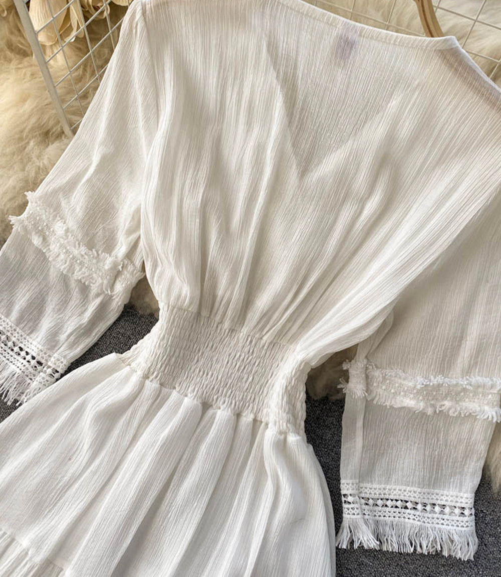 White A line lace dress v neck dress  871