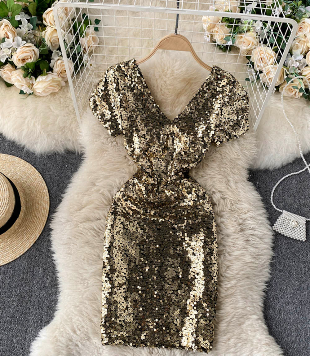 Shiny v neck sequins short dress party dress  860