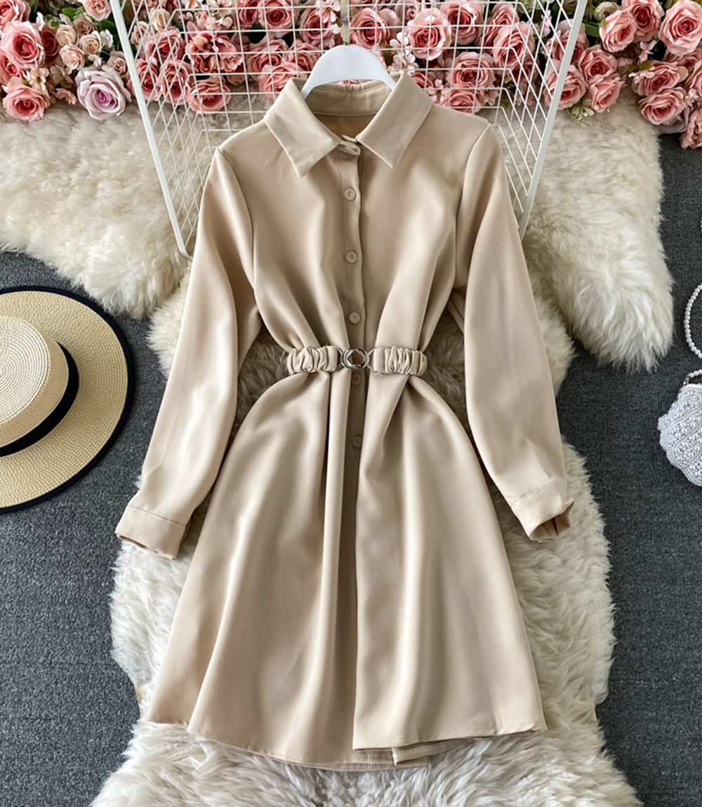 Simple A line long sleeve shirt dress  874