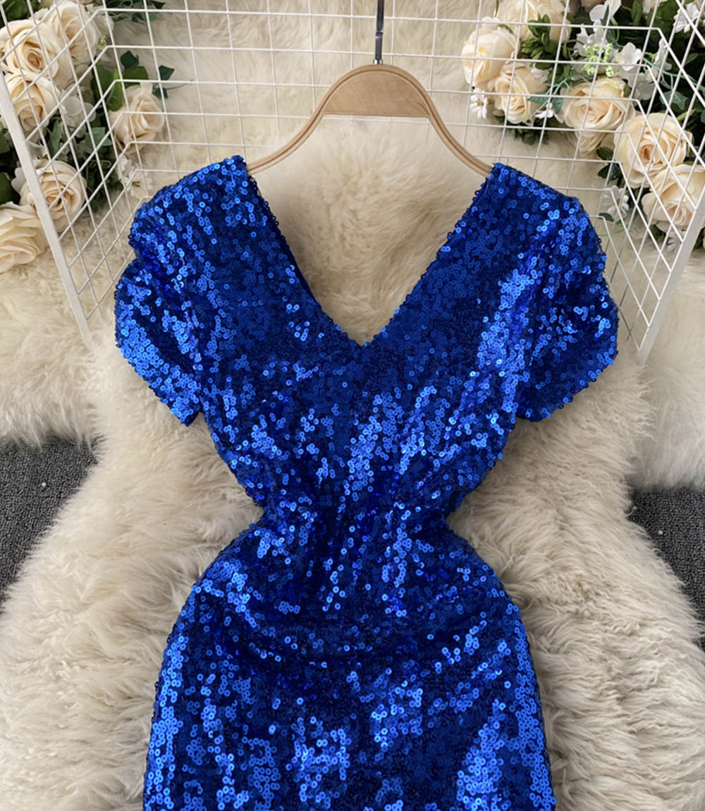 Shiny v neck sequins short dress party dress  860