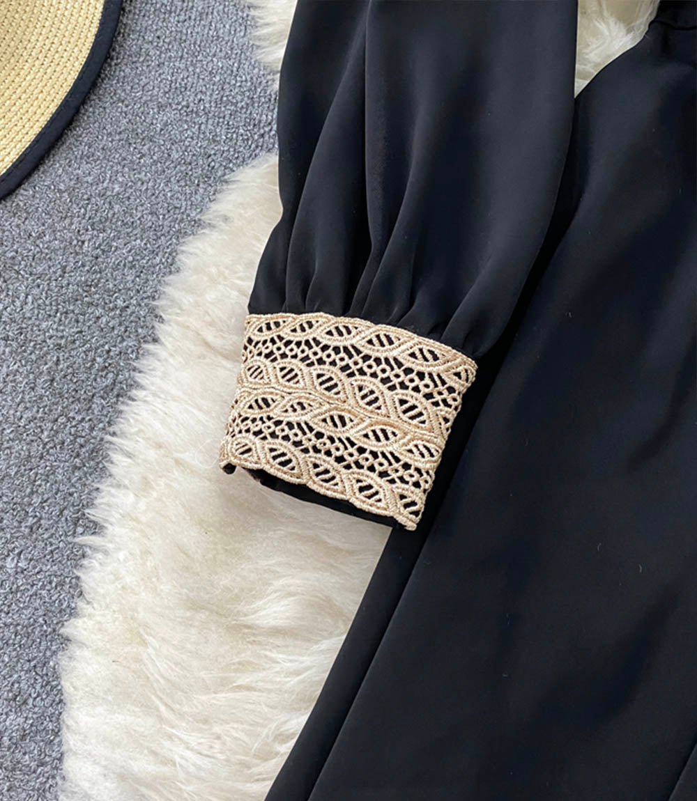 Robe élégante à manches longues et col en V en dentelle noire 854
