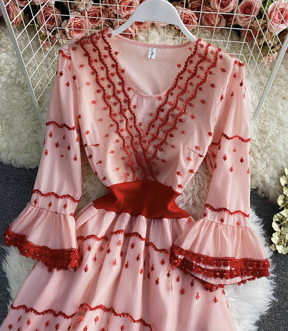 Pink A-Linie Spitze kurzes Kleid Modekleid 842