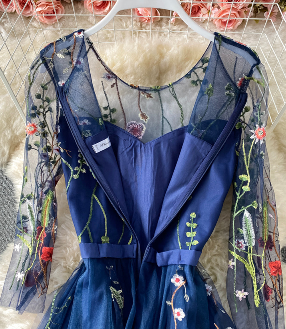 Blue A line tulle dress blue embroidery dress  852