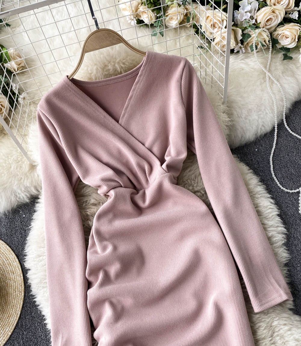 Stylish v neck long sleeve dress short dress  848