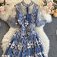 Robe courte en dentelle de haute qualité, robe trapèze bleue 796