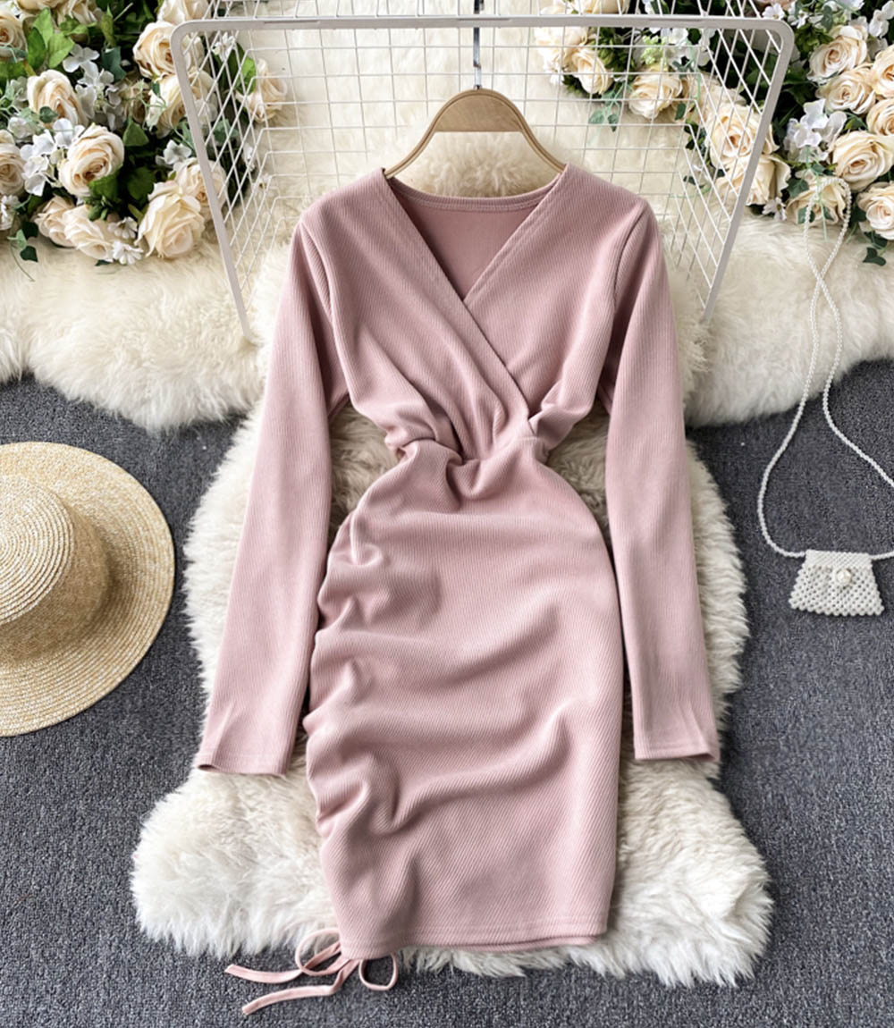 Stylish v neck long sleeve dress short dress  848