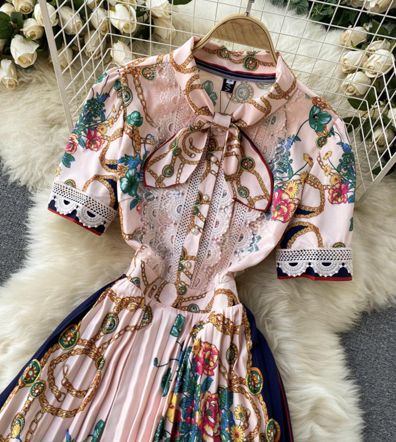 Pink A line floral pattern dress long sleeve dress  795