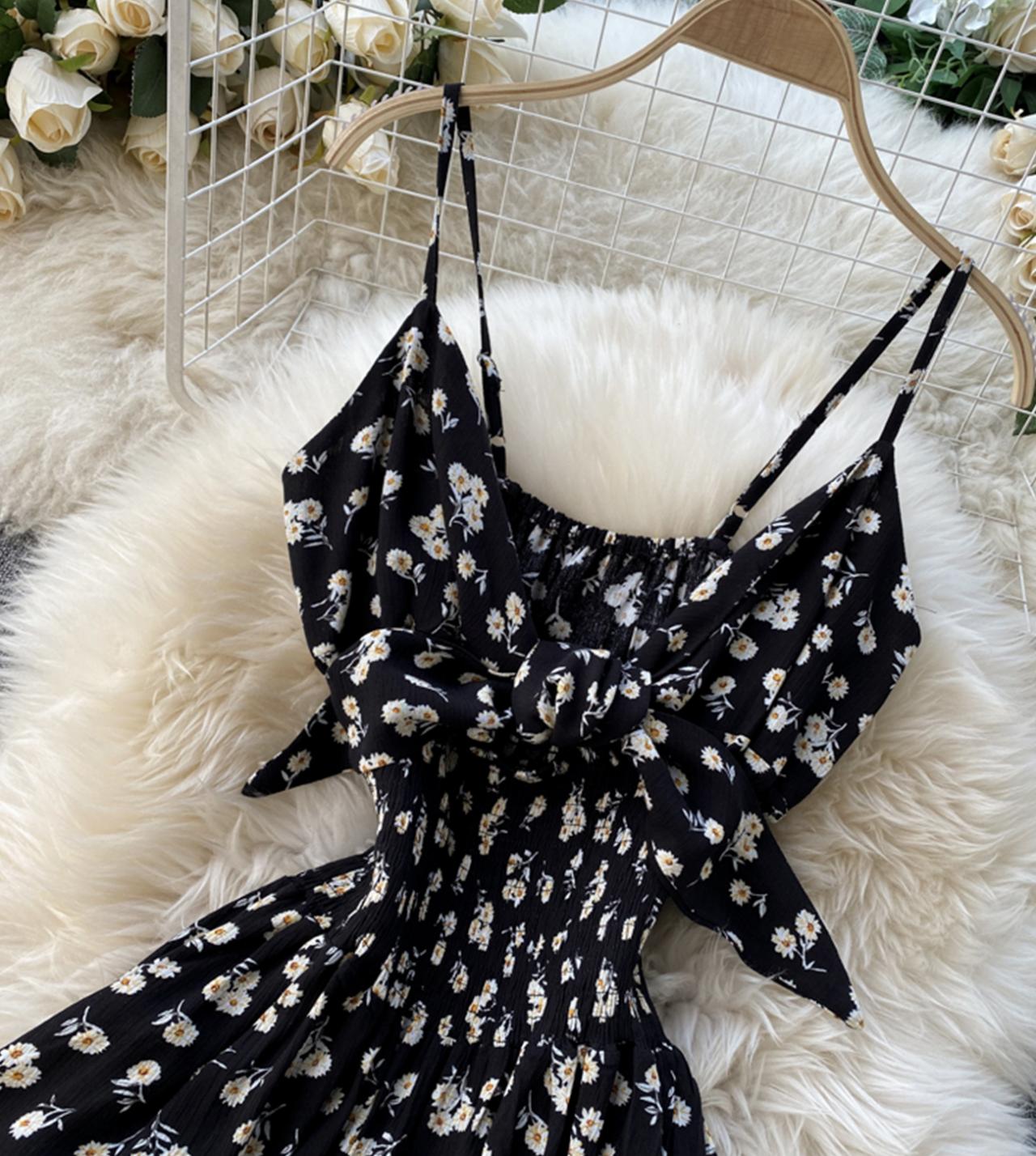 Black A line floral dress with bow  784