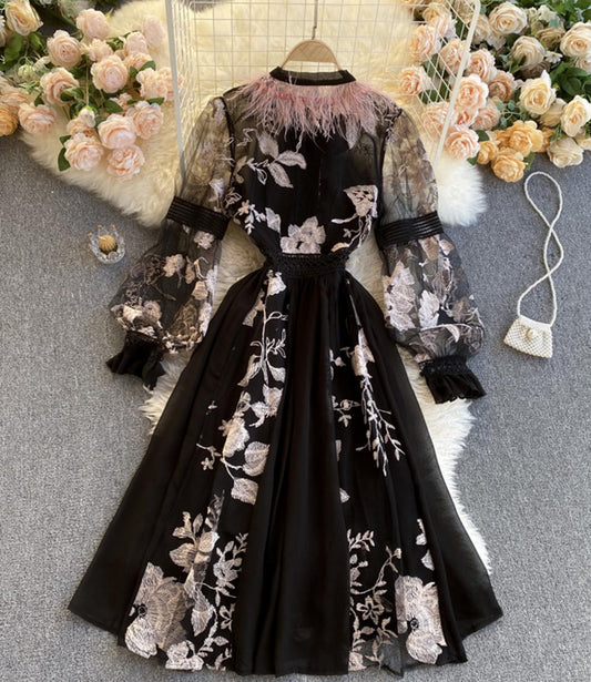 Unique A line embroidery dress black dress  828