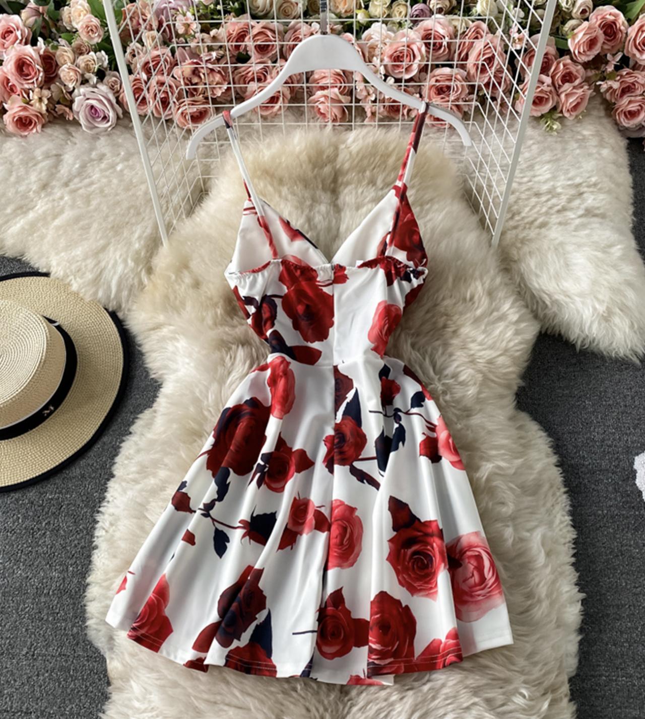 Cute A line floral dress short dress  774
