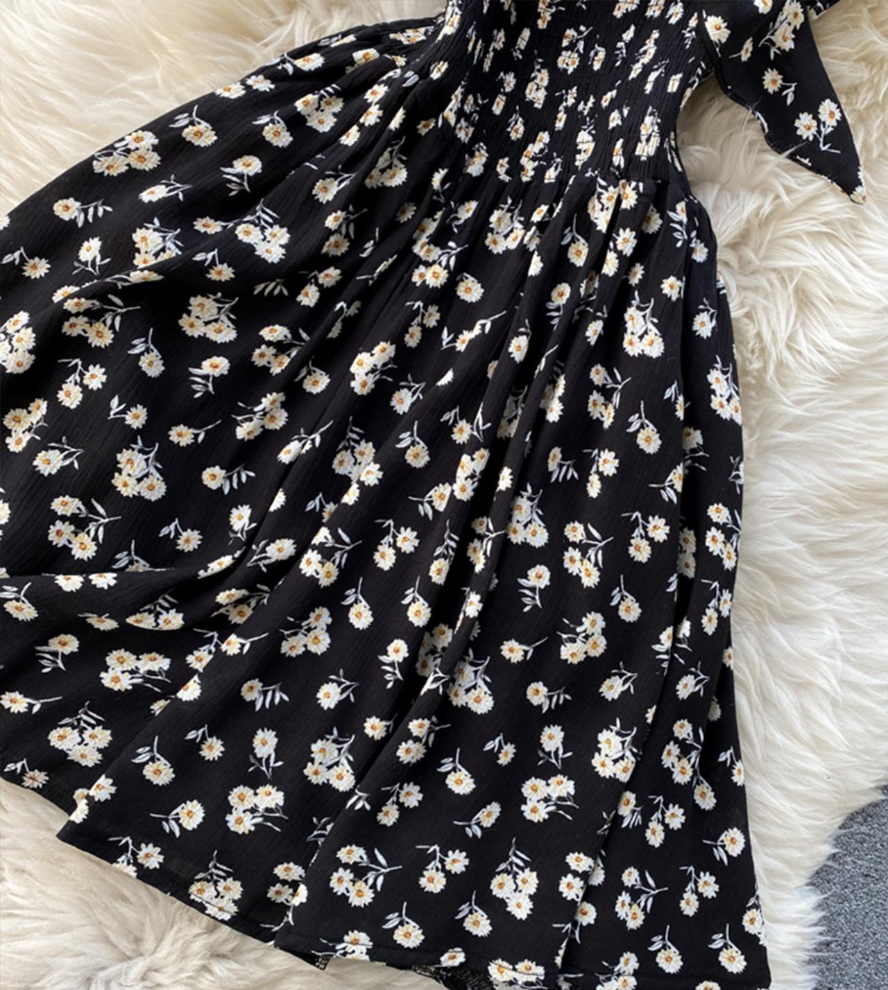 Black A line floral dress with bow  784
