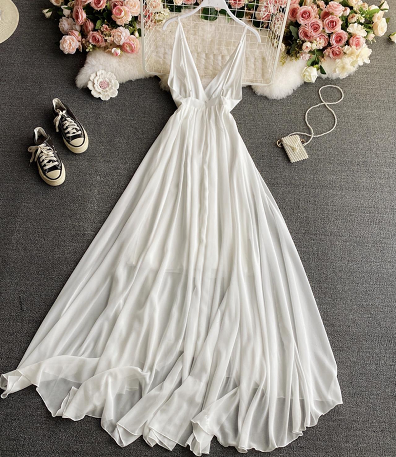 Simple A line chiffon dress white v neck dress  824