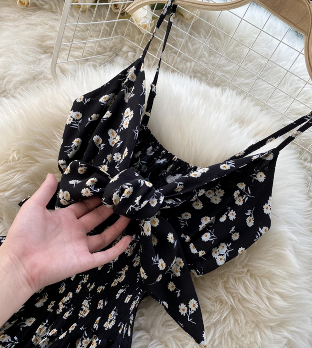 Black A line floral dress with bow  784