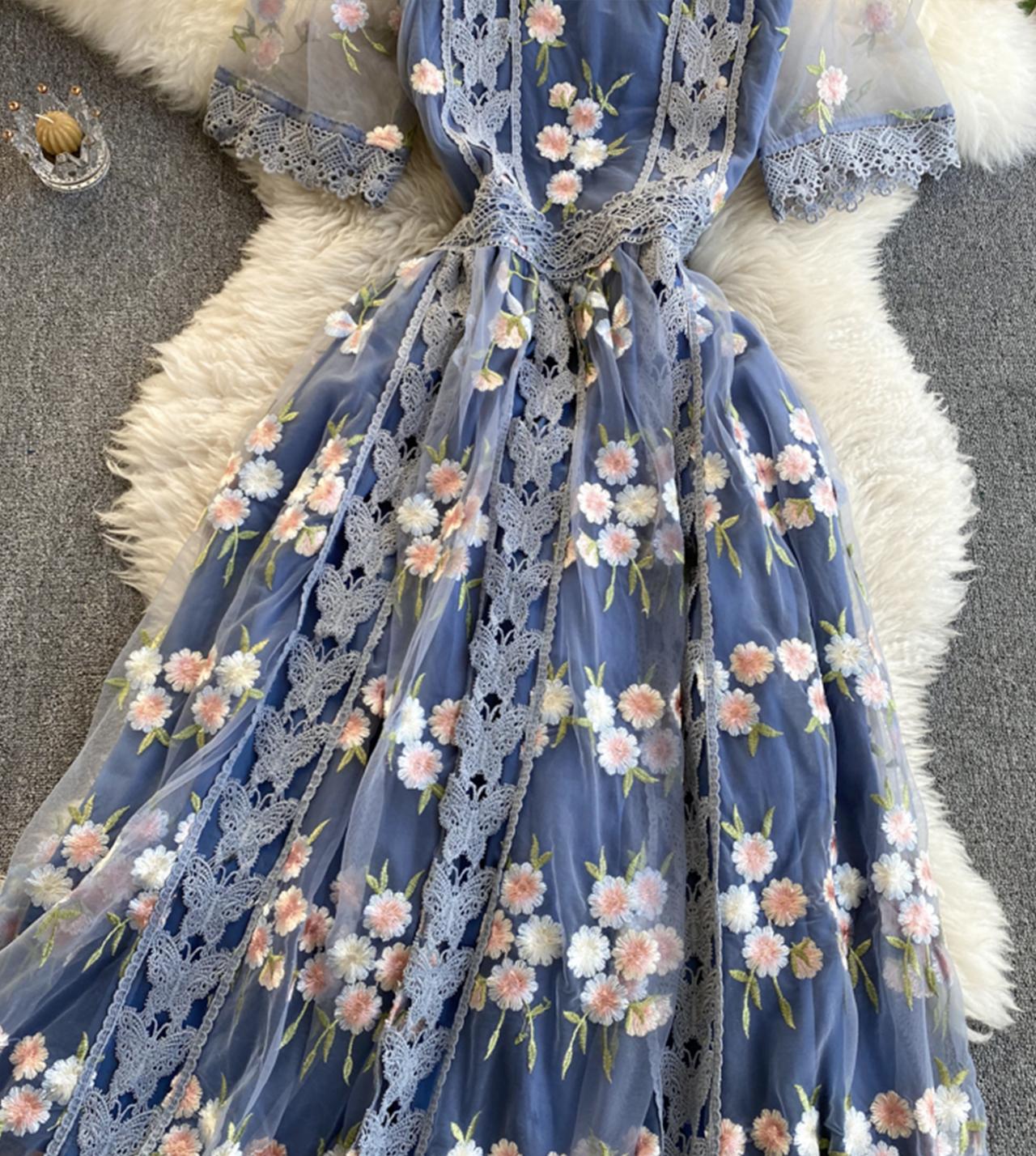 Robe courte en dentelle de haute qualité, robe trapèze bleue 796
