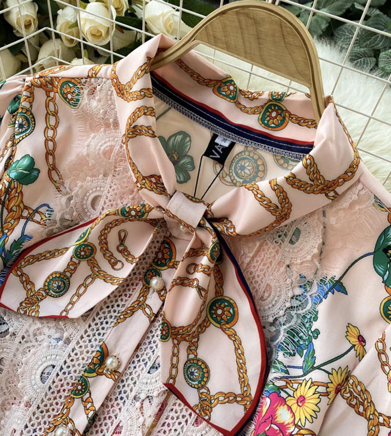 Pink A line floral pattern dress long sleeve dress  795