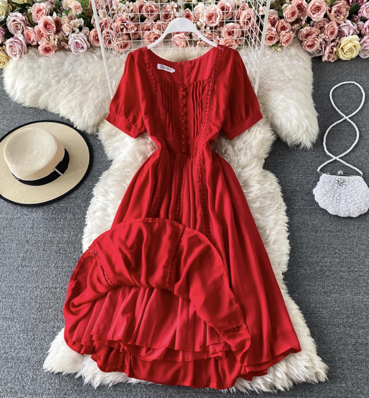 Cute chiffon lace dress A line dress  816