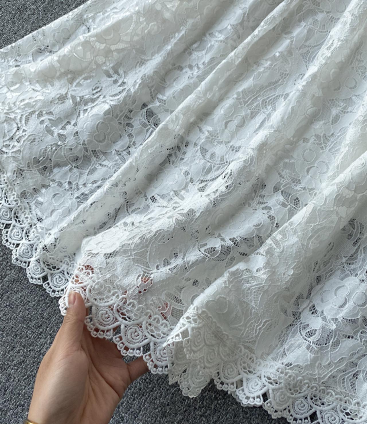 White A line lace v neck dress  793