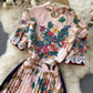 Pink A line floral pattern dress long sleeve dress  795
