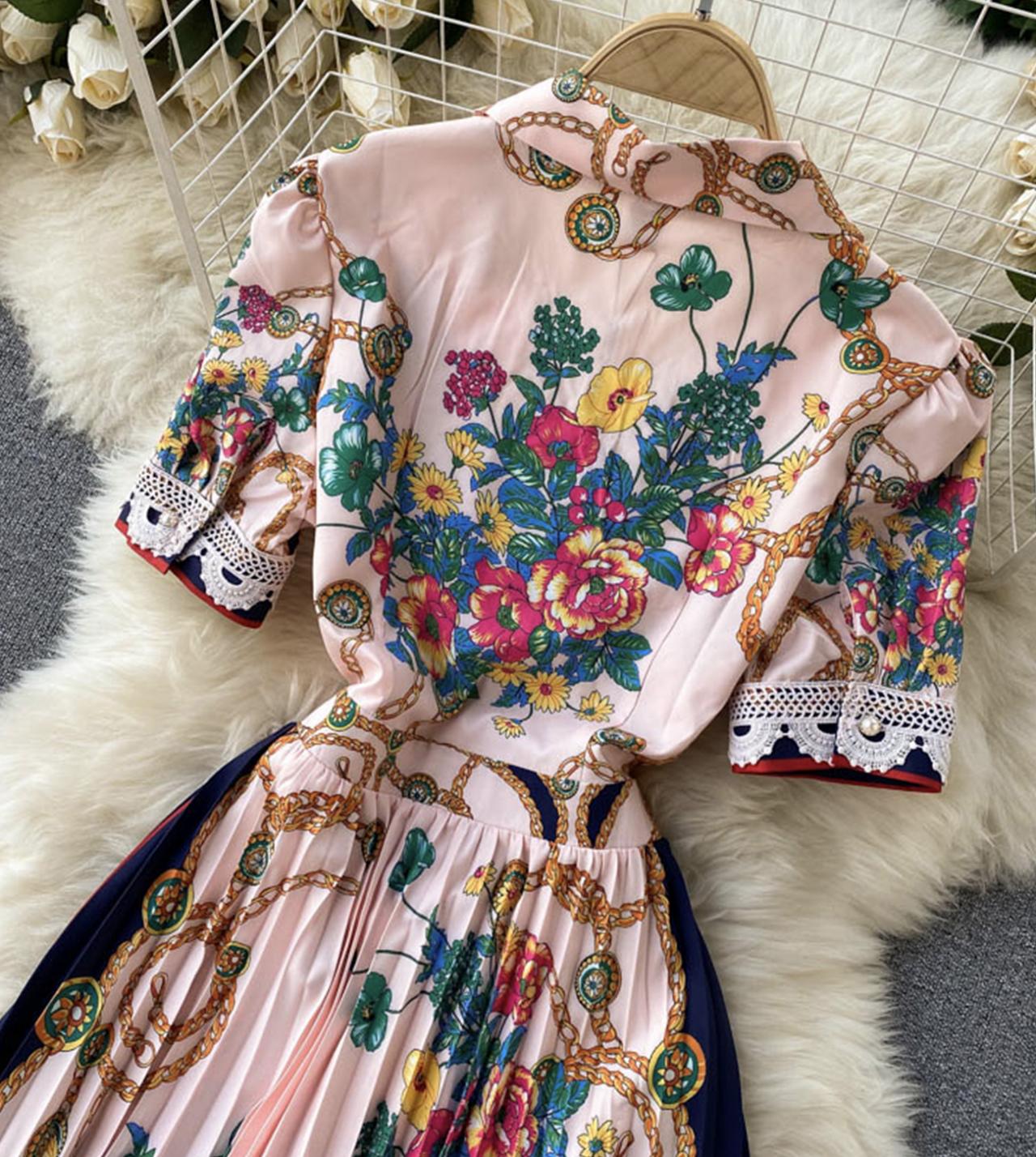 Pink A line floral pattern dress long sleeve dress  795