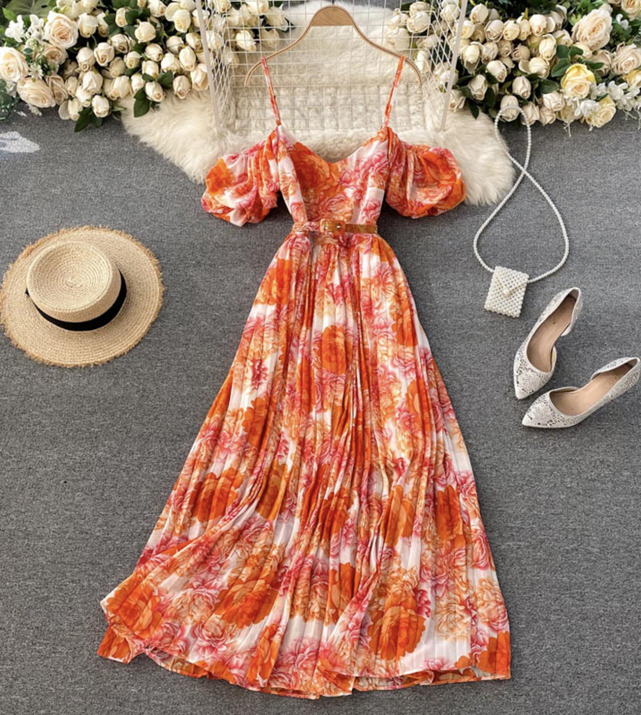 A line v neck floral dress fashion dress  770