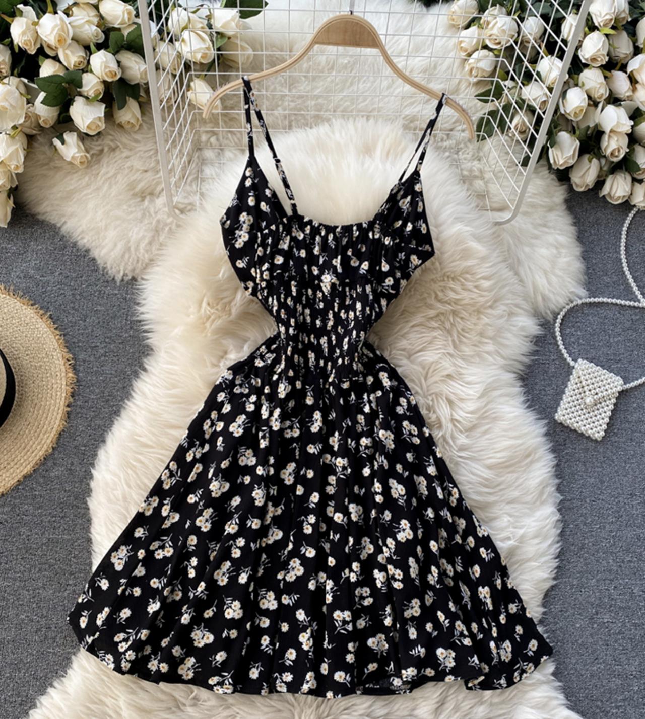 Black A line floral dress with bow  784