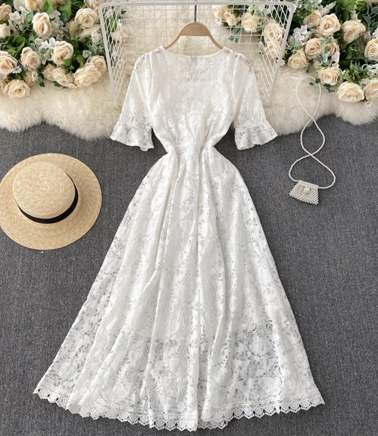 White A line lace v neck dress  793