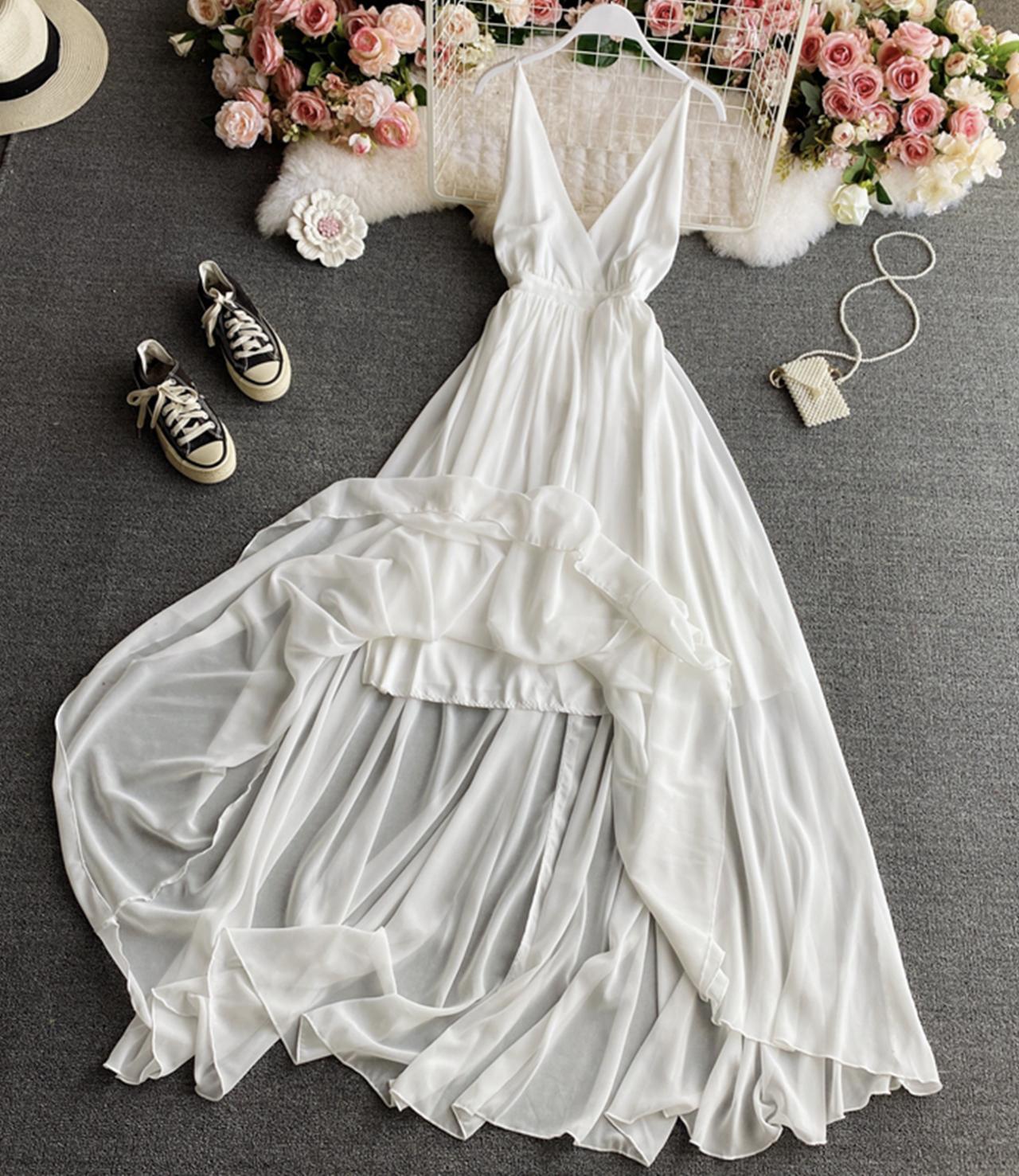 Simple A line chiffon dress white v neck dress  824