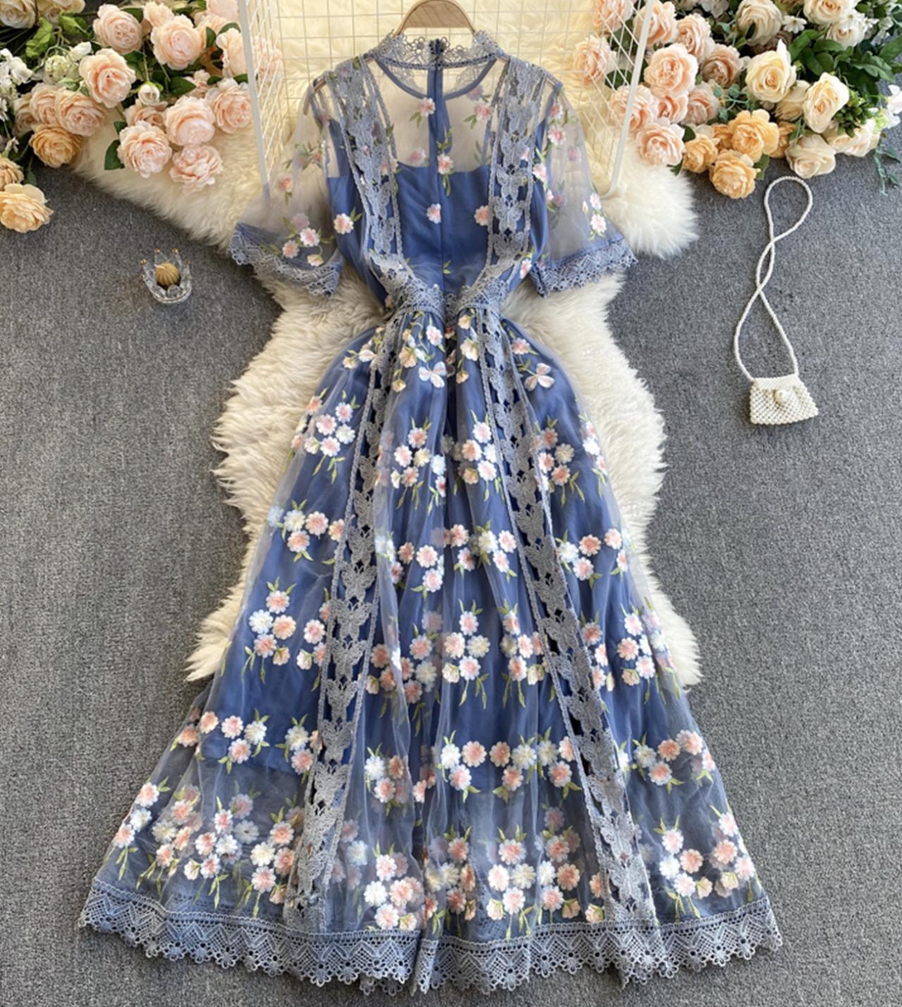 Robe courte en dentelle de haute qualité, robe trapèze bleue 796