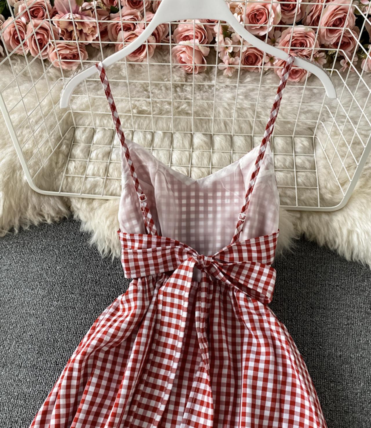 Rot kariertes Kleid A-Linie rückenfreies Kleid 752 
