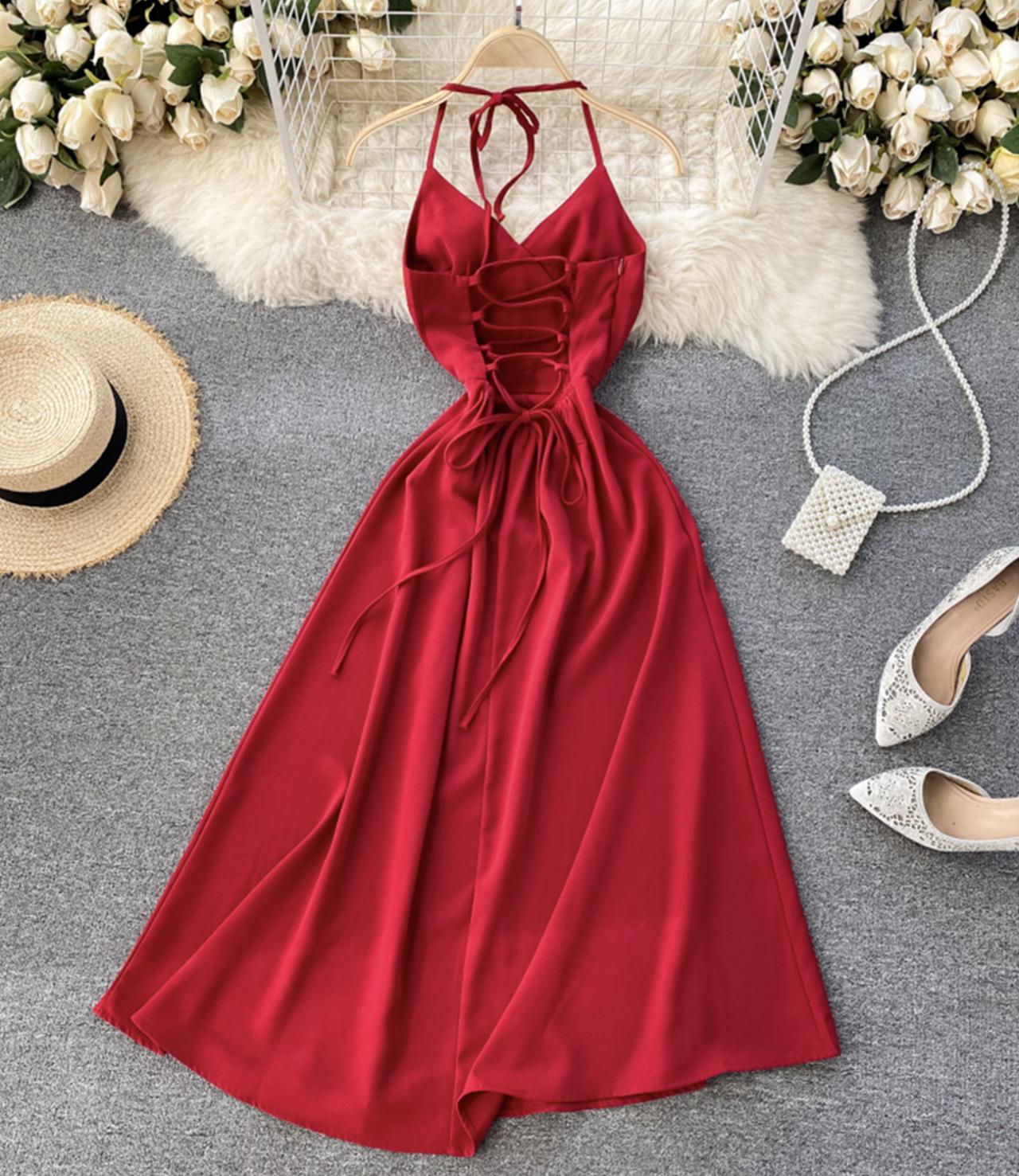 Simple A line v neck dress lace up dress  755
