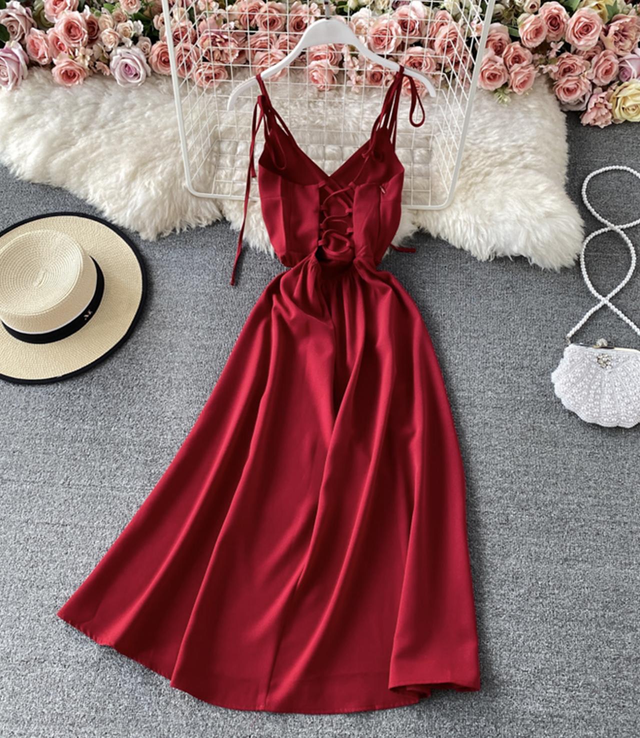 Simple v neck lace up dress A line dress  761