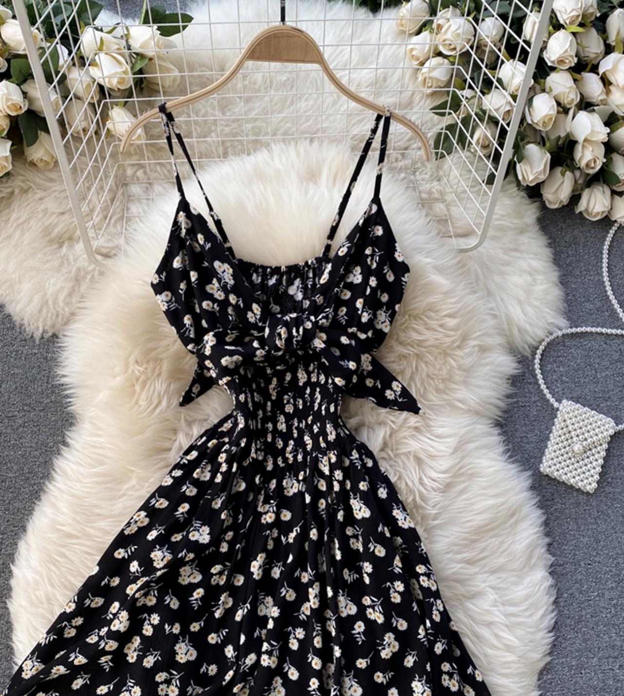 Black A line floral dress with bow  784