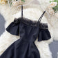 Cute black lace short dress A line off shoulder dress  742