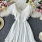 White v neck fringed dress A line fashion dress  743