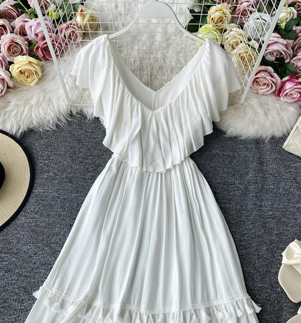 White v neck fringed dress A line fashion dress  743