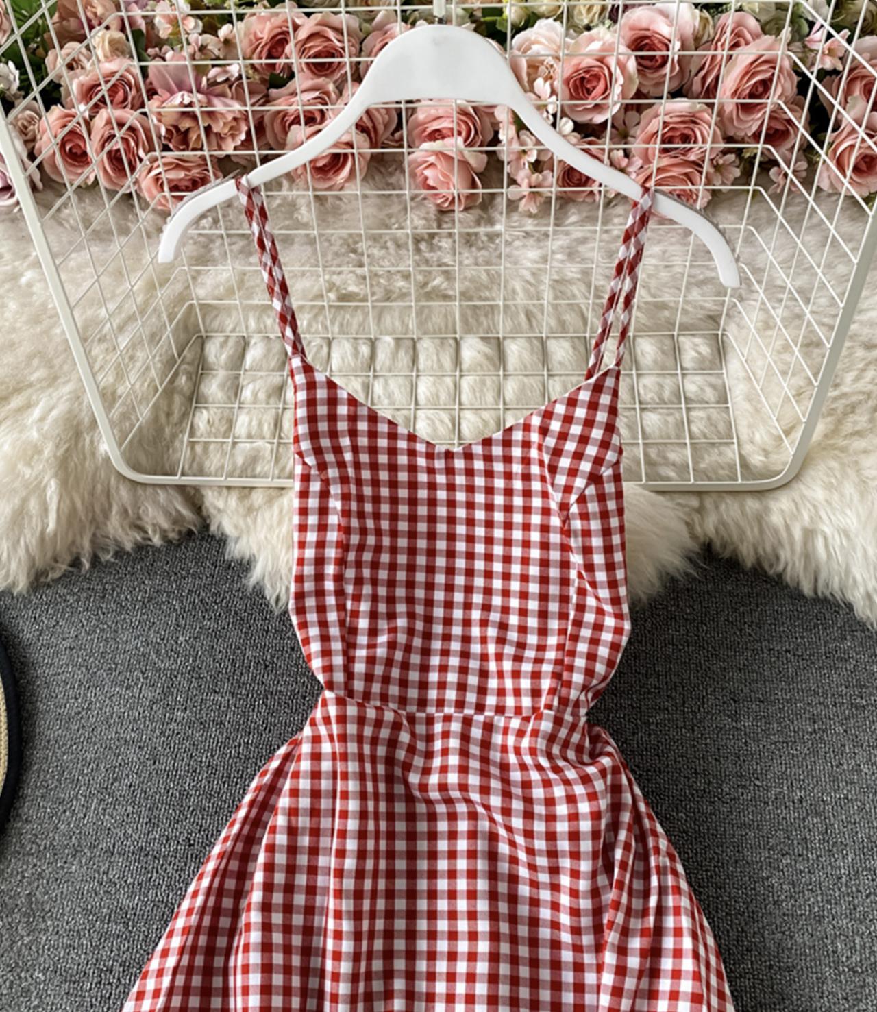 Rot kariertes Kleid A-Linie rückenfreies Kleid 752 