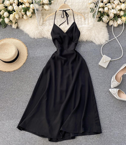 Simple A line v neck dress lace up dress  755