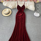 Burgunder langes Samtkleid 753