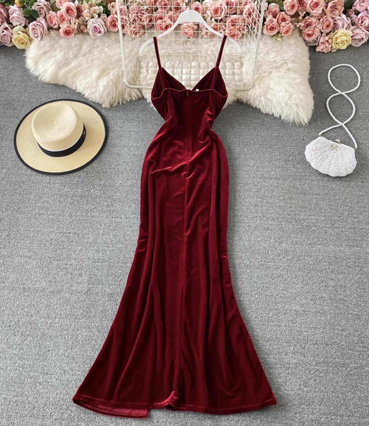 Burgunder langes Samtkleid 753