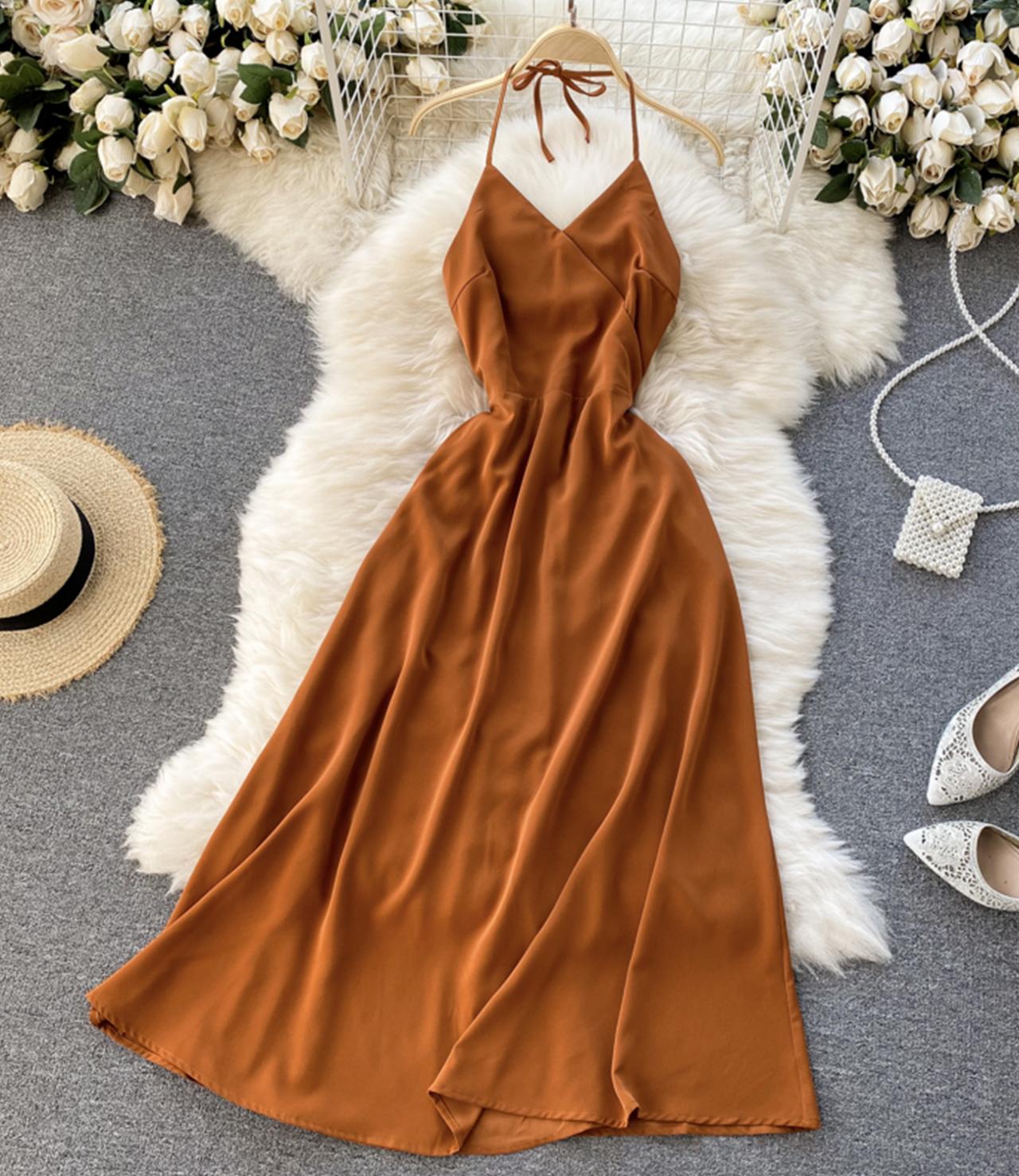 Simple A line v neck dress lace up dress  755