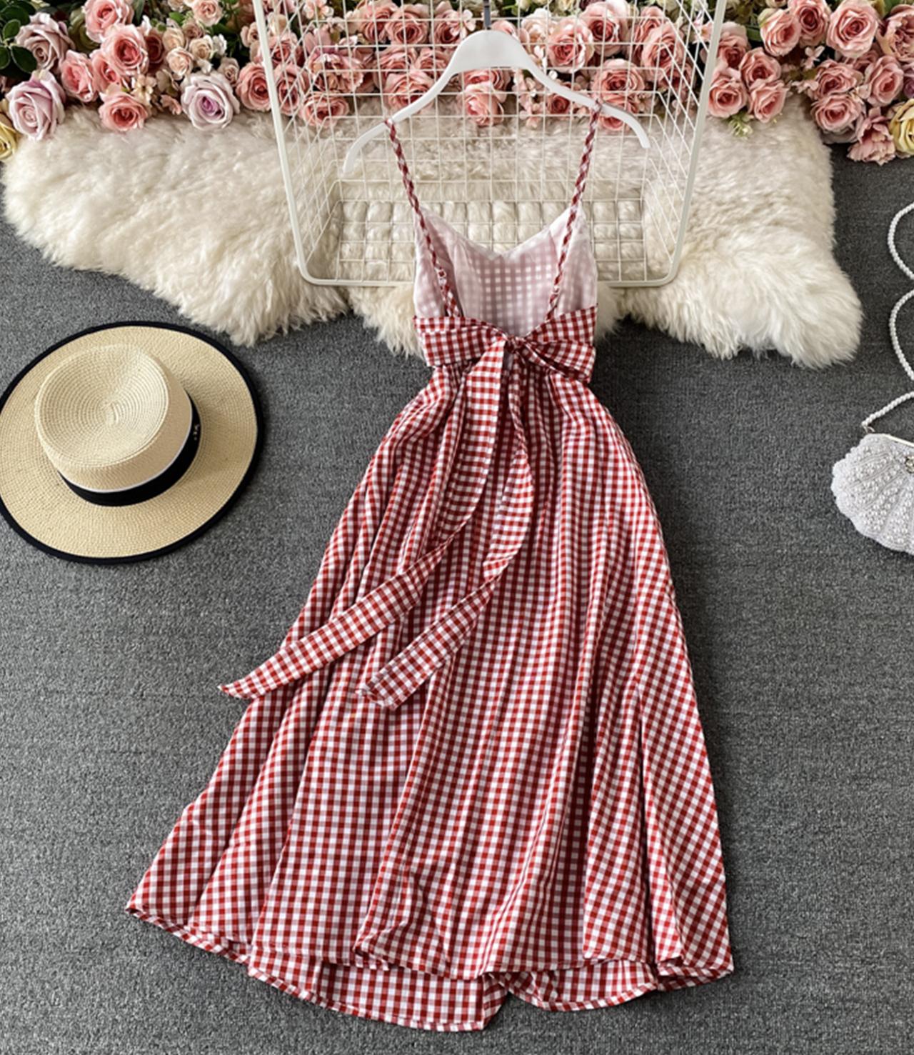 Rot kariertes Kleid A-Linie rückenfreies Kleid 752 