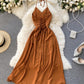 Simple A line v neck dress lace up dress  755