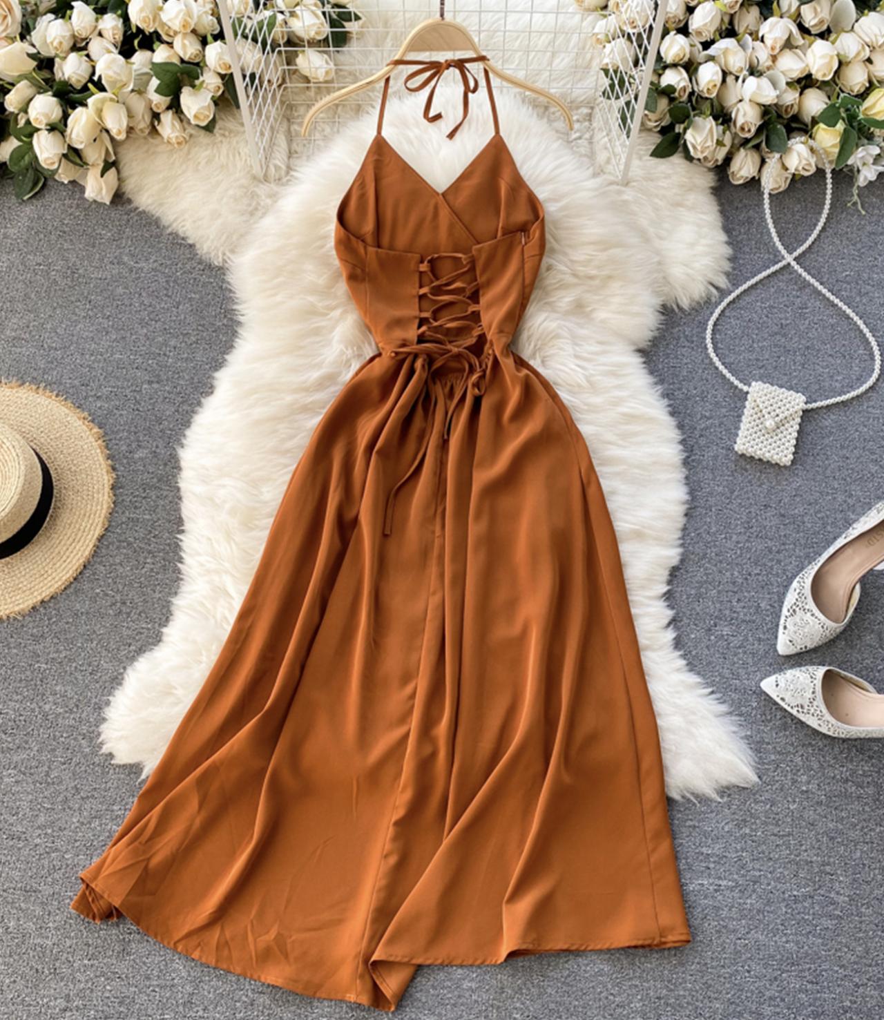 Simple A line v neck dress lace up dress  755