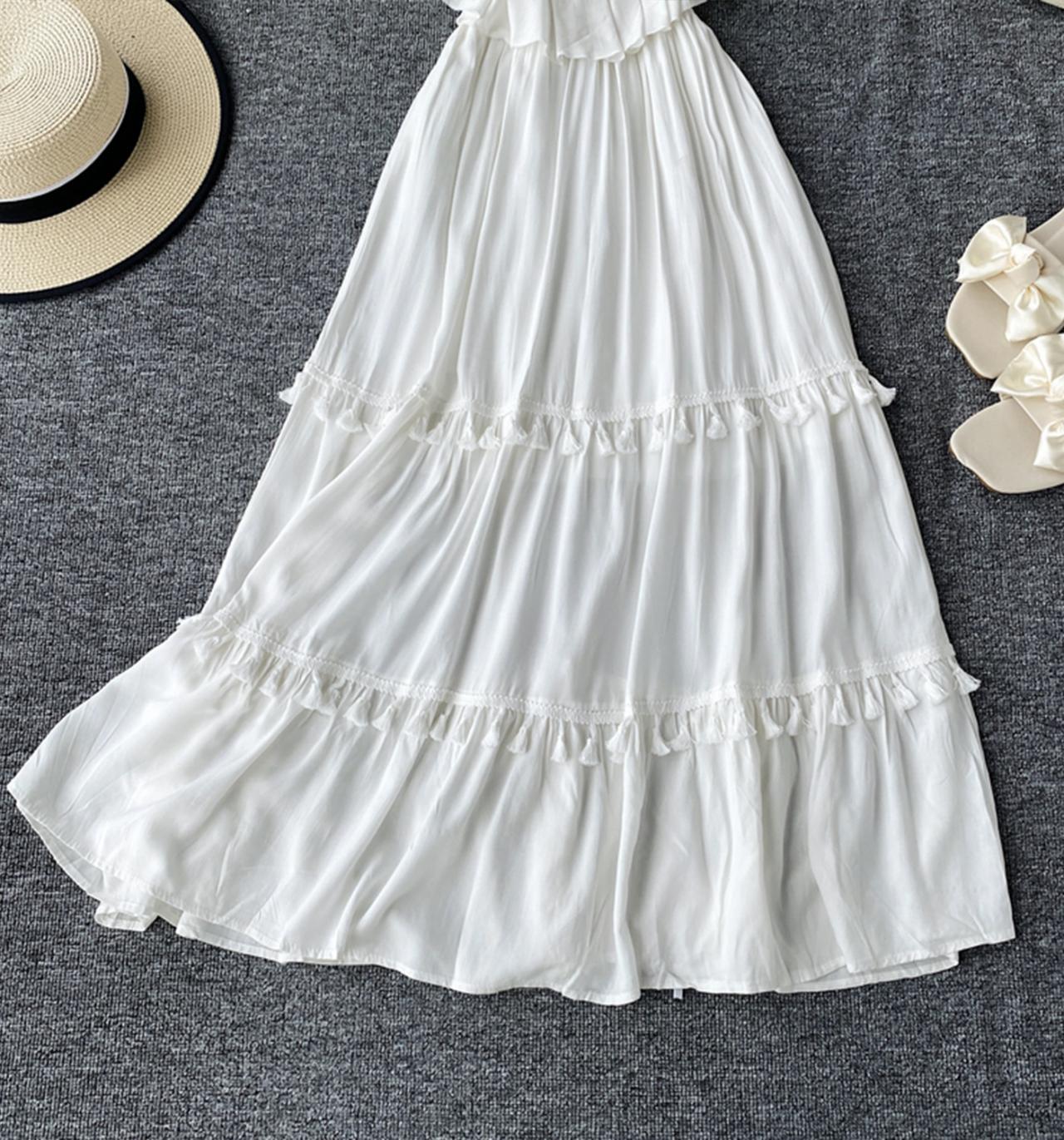 White v neck fringed dress A line fashion dress  743