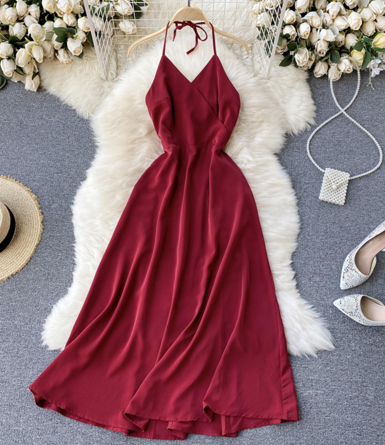 Simple A line v neck dress lace up dress  755