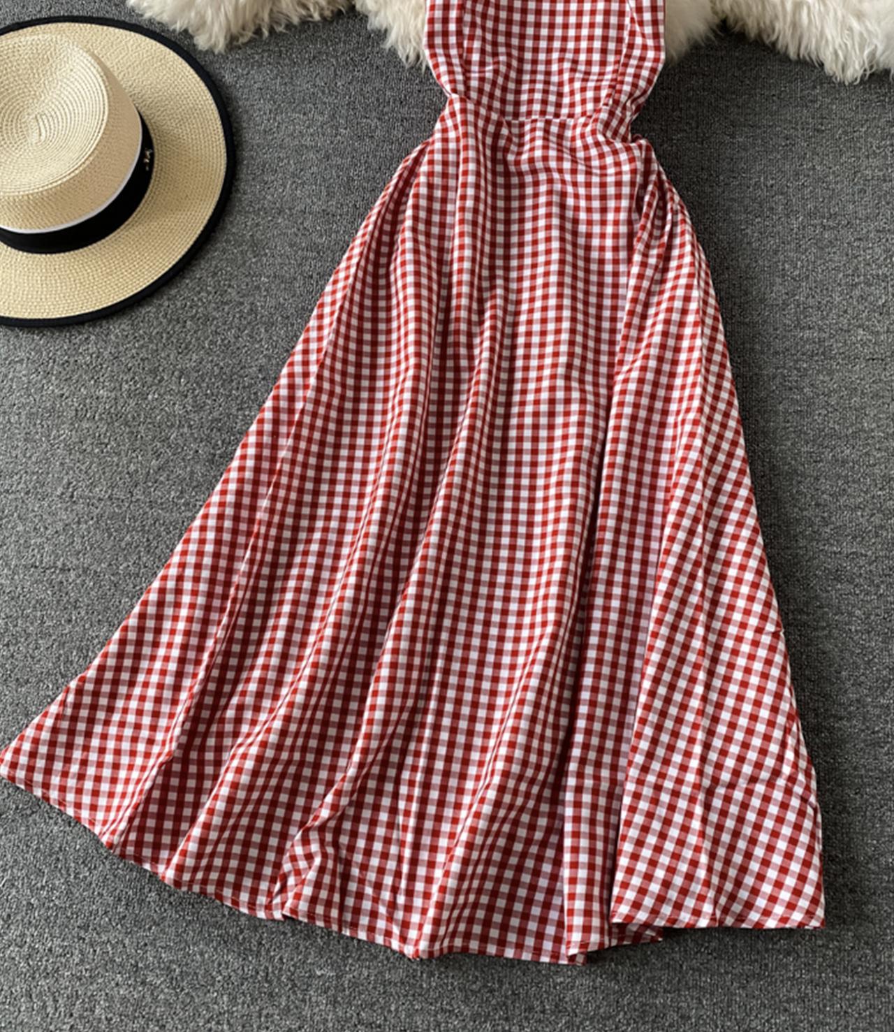 Rot kariertes Kleid A-Linie rückenfreies Kleid 752 