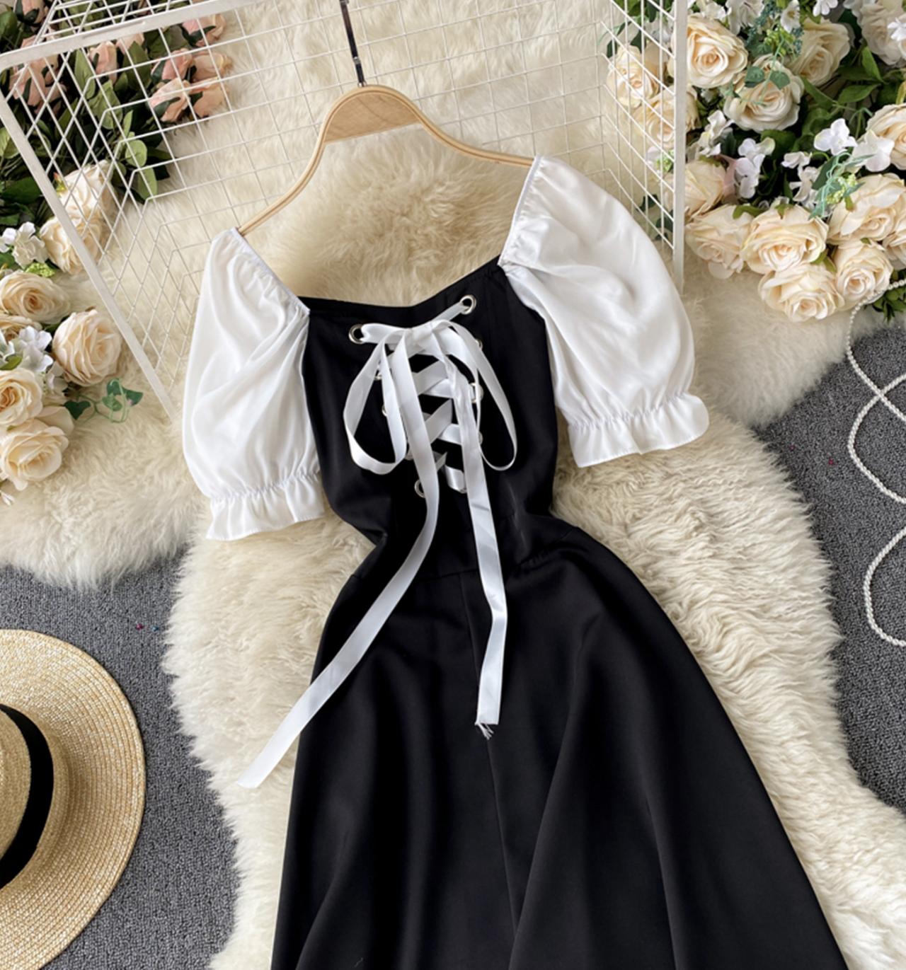 Black lace up short dress A line fashion dress  741