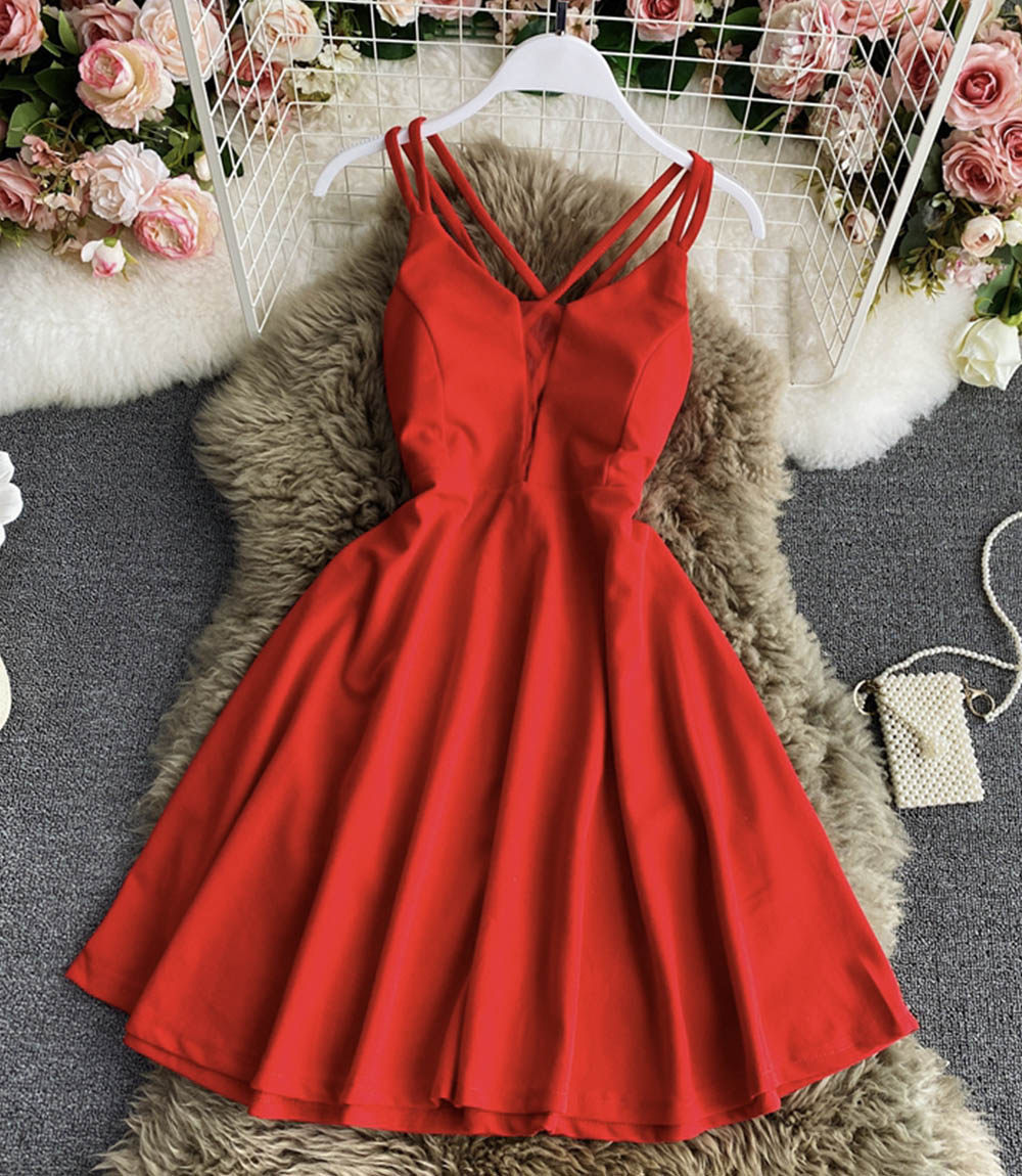 Simple A line v neck short dress  864