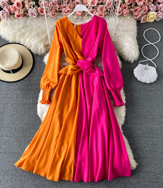 Einzigartiges langärmliges Kleid mit Farbblockierung 869