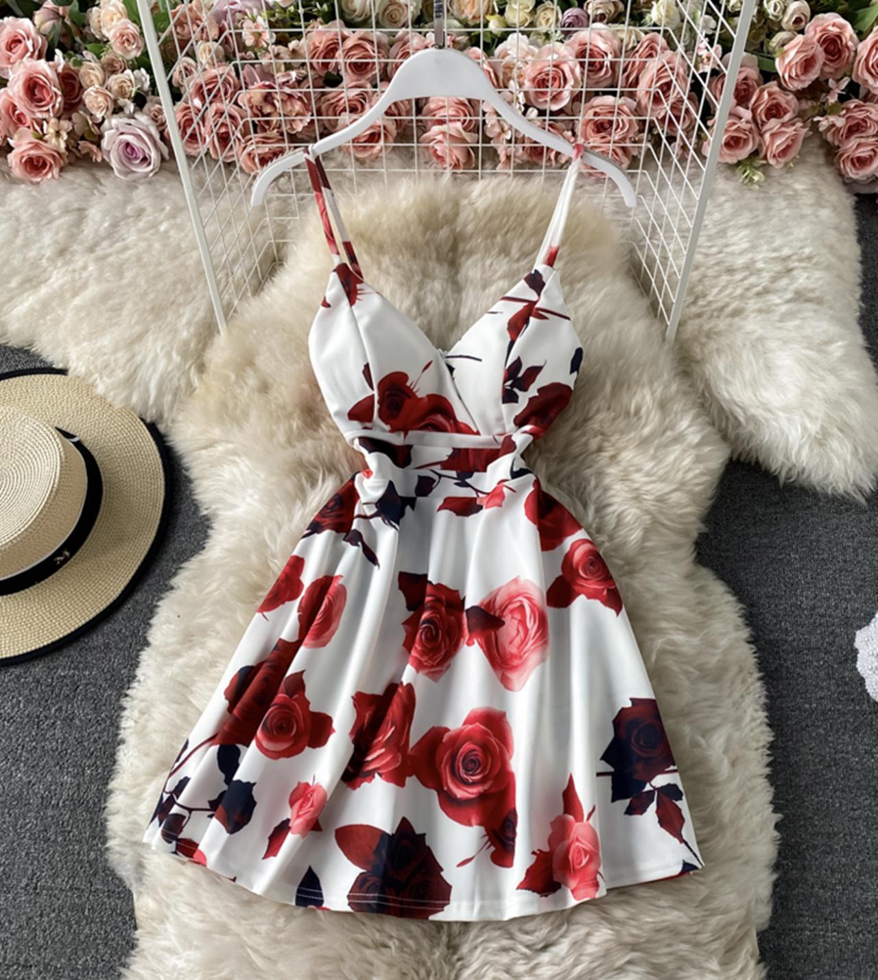 Cute A line floral dress short dress  774